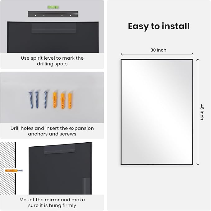Melodieux Wall Vanity Bathroom Mirror for Over Sink, 30"x48" Rounded Rectangle Metal Deep Frame Wall Mounted Mirror Wall Decor for Living Room Hallway, Black