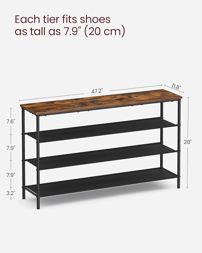VASAGLE Shoe Rack, 4-Tier Shoe Storage Organizer for Entryway and Closet, Holds 15-18 Pairs of Shoes, 3 Fabric Shelves, Steel Frame, Industrial, Rustic Brown and Black ULBS135B01