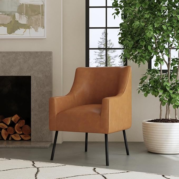 HomePop Modern Accent Chair, Home Décor, Accent Chairs for Living Room & Bedroom, Fabric Reading Living Room Side Chair, Single Sofa with Lounge Seat and Metal Legs- Carmel Faux Leather
