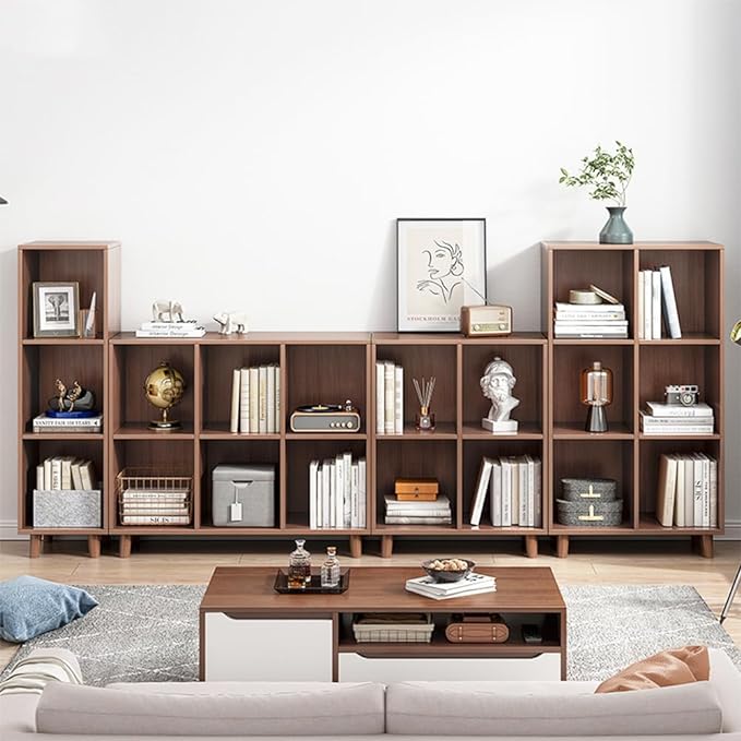 IOTXY Open Cube Low Bookcase - 3-Tier Freestanding Storage Display Cabinet Organizer with Legs for Home Office, 7-Cubes Open Shelf Short Bookshelf, Walnut