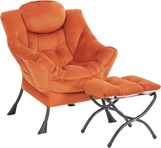 Lazy Chair with Ottoman, Modern Accent Chair Contemporary Lounge Leisure Sofa Chair with Armrests, Reading Chair and Folding Footstool Set for Living Room, Bedroom, Orange
