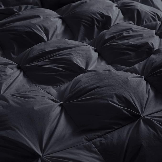 Luxurious All-Season Goose Down Feather Fiber Comforter King Size Duvet Insert, Exquisite Black Pinch Pleat Design, Premium Baffle Box, 100% Egyptian Cotton Cover, 70 oz. Fill Weight, Black