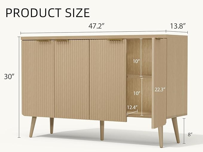 Buffet Cabinet, Sideboard Fluted Cabinet Modern Kitchen Buffet Storage Cabinets with Doors and Shelves, Wood Farmhouse Coffee Bar Station for Entryway & Dining Room & Living Room, Natual Oak