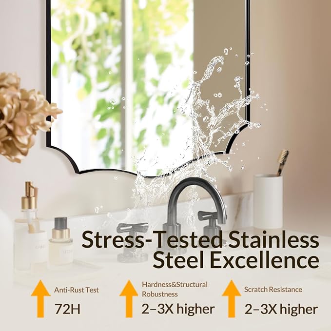 Black Bathroom Mirror, 24x32 Unique Irregular Mirror, Rectangle Mirror with Wavy Edge in Premium Stainless Steel Metal Frame 1" Deep, Wall Mounted Horizontal/Vertical