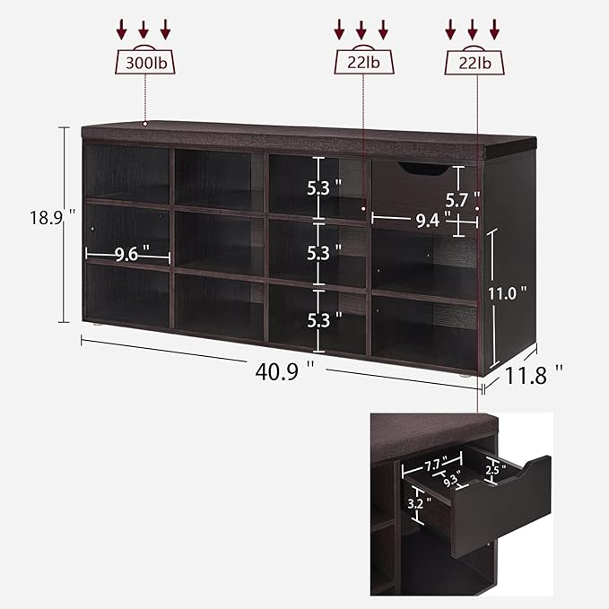DINZI LVJ Shoe Bench, Entryway Storage Bench with Drawer and 11 Cubbies, Cubby Shoe Rack with Adjustable Shelves, Shoe Organizer Cabinet for Living Room, Bedroom, Mudroom, Closet and Garage, Espresso