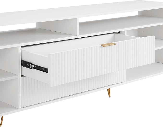 Manhattan Comfort Dumbo Mid Century Modern TV Stand for Televisions up to 80 Inches, Home Entertainment Center with Storage, 6 Shelves, 2 Drawers, No Tool Assembly, 85" Wide, White