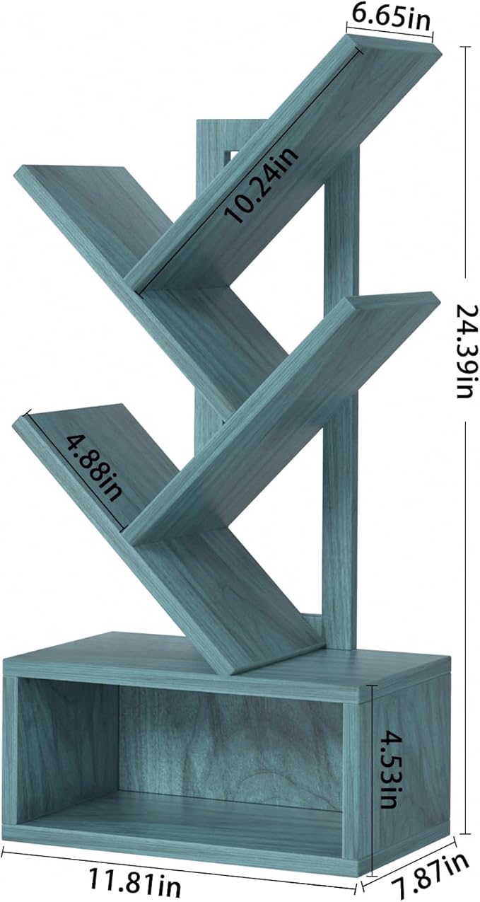 Small Tree Book Shelf,5 Tier Black Tree Bookshelf,Blue Desktop Bookcase,Modern Desk Display Storage Bookshelves,Floor Standing Organizer Bookcases for Living Room,Bedroom,Office-Blue