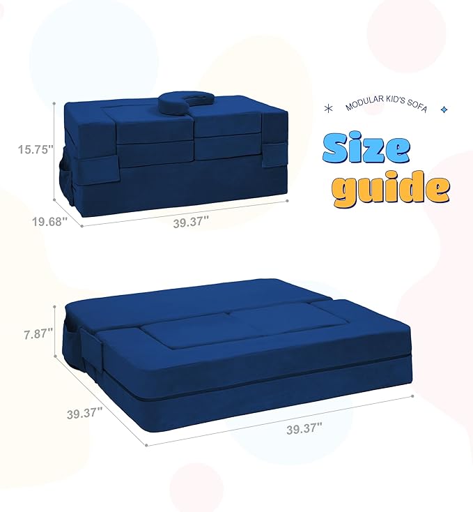 Modular Kids Sofa,Toddler Couch Foam Armchair for Kids, Children Convertible Plush Sofa Play Set,Fold Out SofaBed(Navy)