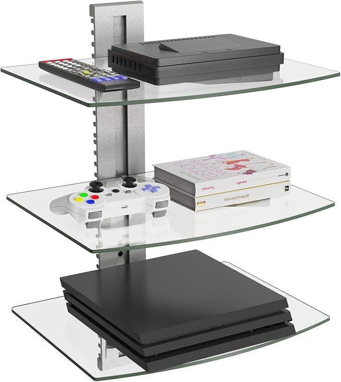 WALI Floating Entertainment Center Shelves, Holds Up to 17.6lbs, TV Shelf with Strengthened Tempered Glasses for DVD Players, Cable Boxes, Games Consoles, TV Accessories (CS303S), 3 Shelf, Silver