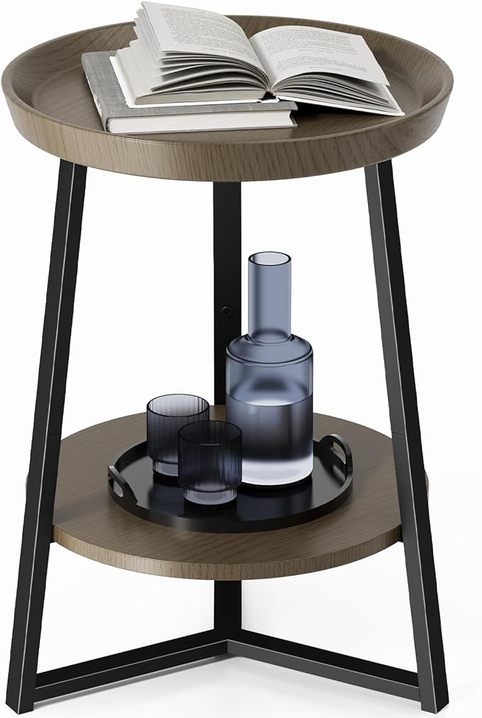 Gadroad Round End Table with Storage Shelf, 2 Tier Farmhouse Side Table Nightstand for Living Room, Bedroom, Wood Tabletop & Black Metal Frame, Walnut Color 15.7 * 15.7 * 23.0inches