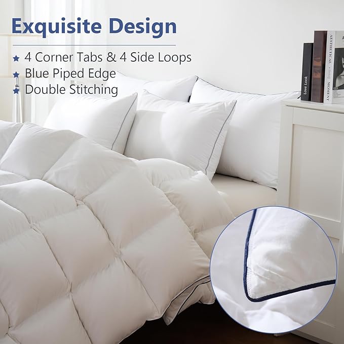 DOWNCOOL Feather Comforter California King, White Fluffy Duvet Insert with Ultra Soft 100% Cotton Cover, All Season Luxurious Hotel Bed Comforter with Corner Tabs, California King 104"x96"