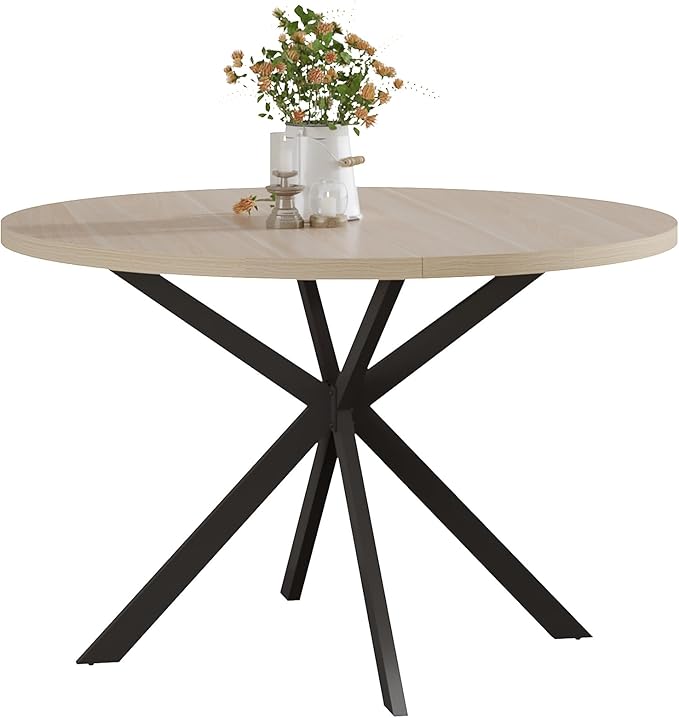 ChooChoo 47.2 Inch Round Dining Table for 4, Farmhouse Wood Kitchen Table, Circle Dinner Table for Kitchen & Dining Room, Natural Oak
