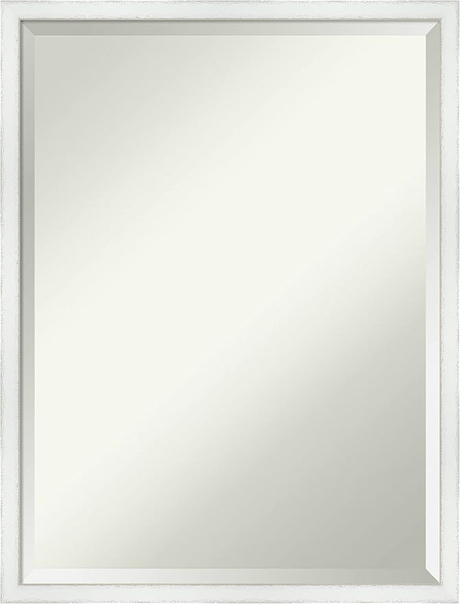 Amanti Art White Bathroom Mirror for Over Sink, 25x19 Breeze Distressed White Rectangle Vanity Mirror, Medium Country Rustic Wood Frame, Hangs Horizonally and Vertically, Bathroom Wall Decor, Beveled