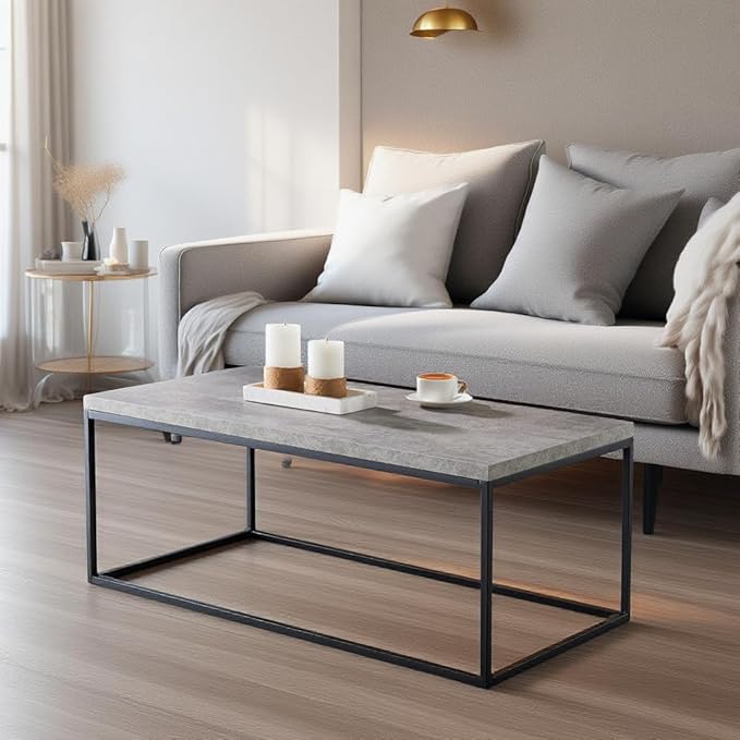 CENSI 40-Inch Concrete Accent Coffee Table Ottoman for Living Room, Rectangle, Mid-Century Modern Industrial Style, Extra Thick Top, Wood and Metal (Grey Marble)