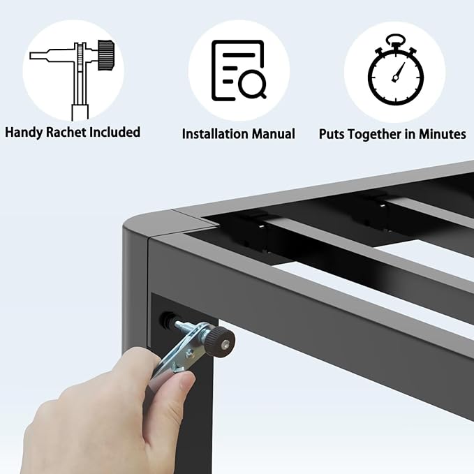 FUIOBYVV 16 Inch Queen Bed Frame with Rounded Corner and Headboard Hole Mattress Retainers 3500 LBS Metal Heavy Duty Steel Slats Support No Box Spring Needed Platform Noise Free Easy Assembly