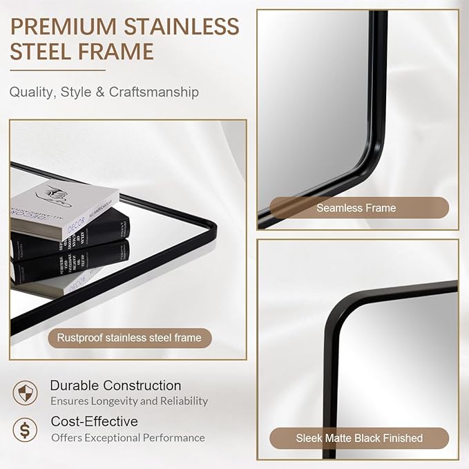 ANDY STAR Black Bathroom Mirror for Wall, 30 x 40 Inch Mirrors for Vanity, Rounded Rectangle Mirror, Black Metal Framed Mirror Wall Mounted Horizontal Or Vertical