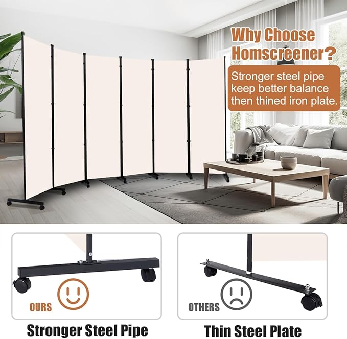 Room Divider Portable 132'' Partition Room Dividers and Folding Privacy Screens 6 Panel Wall Divider for Room Separation, Freestanding Fabric Room Divider Panel with Wheels for Home Office Hospital