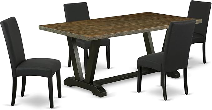 East West Furniture V677DR124-5 5 Piece Dining Room Table Set Includes a Rectangle Kitchen Table with V-Legs and 4 Black Color Linen Fabric Parson Dining Chairs, 40x72 Inch, Multi-Color