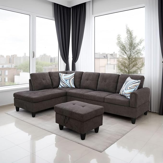 Dark Brown L-Shaped 3-Piece Flannel Sofa with Storage Ottoman Set, Sectional Couch Sofa Set for Living Room, Office, Small Space