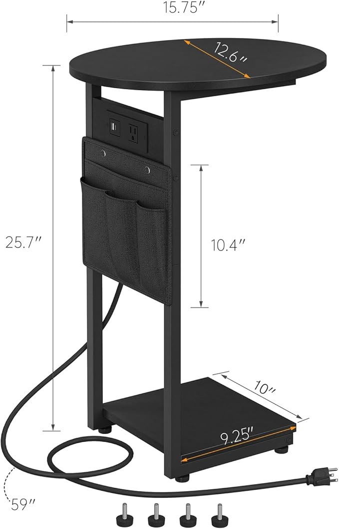 Vagusicc C Shaped End Table with Charging Station, Small Side Table for Couch, TV Tray Slide Under Sofa Table for Living Room Bedroom, Round Couch Side Table C Table for Sofa, Black