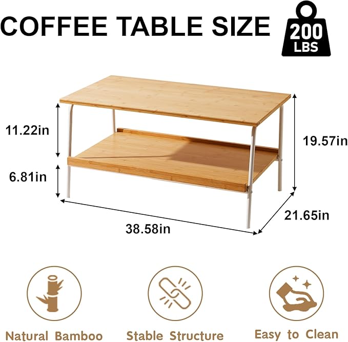 Coffee Table with 2 Tier Storage- Farmhouse Bamboo Coffee Tables, Mid Century Modern Center Table, Tea Tables for Living Room, Bedroom, Office, Patio (Natural)