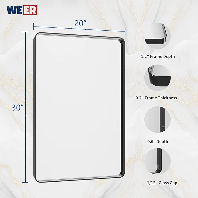 WEER Black Bathroom Mirror 20X30 Inch, Rectangular Matte Black Metal Framed Vanity Mirror, Farmhouse Bathroom Mirror with Tempered Glass, Rounded Corner, Anti-Rust (Horizontal/Vertical)