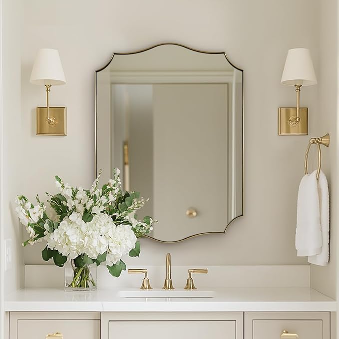 24x32 Gold Mirror, Brushed Gold Scalloped Mirror for Bathroom in Premium Stainless Steel Metal Thin Frame Deep 1", Antique Brass Irregular Wall Mirror Hangs Horizontal or Vertical