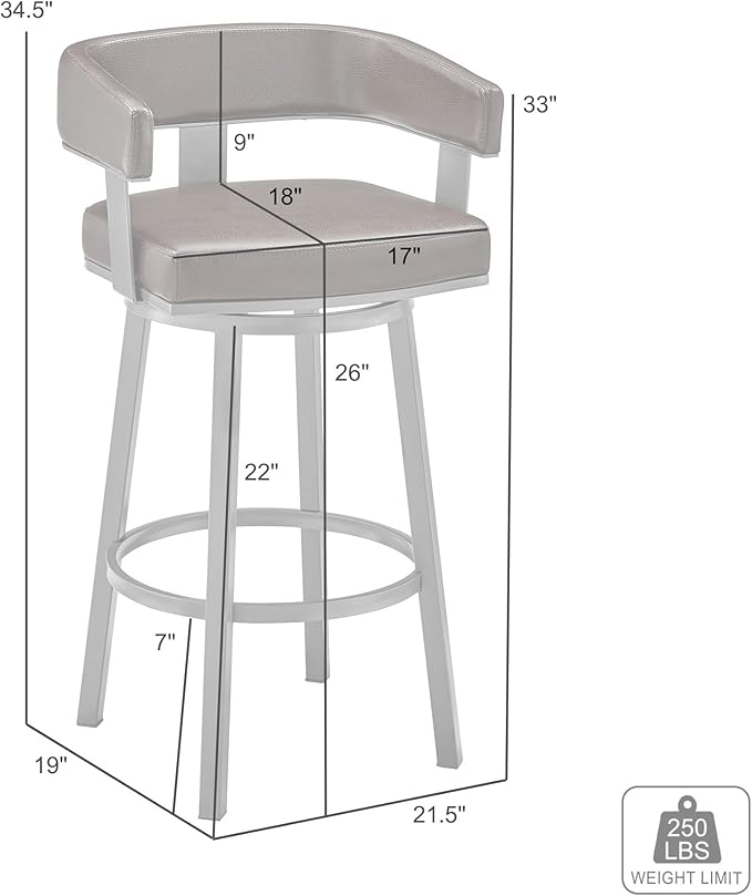Armen Living Lorin Modern 26" Seat Height Gray Faux Leather and Brushed Stainless Steel Metal Swivel Bar Stool for Kitchen Island Counter