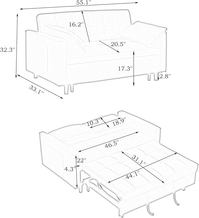 Ball & Cast 3 in 1 Convertible Sleeper Sofa Bed,Velvet Futon Couch with Pull-Out Bed,Convertible Pull Out Couches W/ 2 Pillows,Adjustable Backrest & Side Pocket,for Living Room,Apartment,Pink,55"
