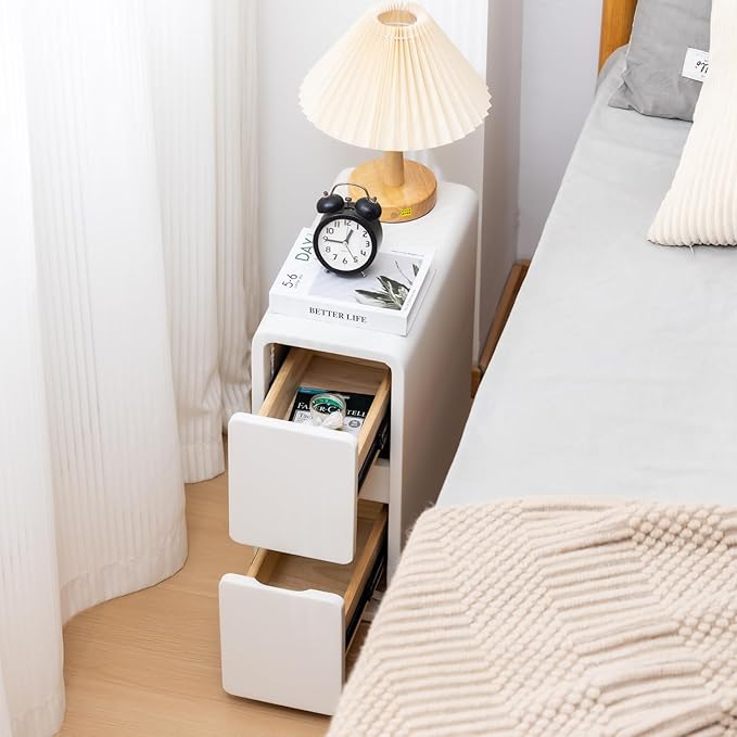 Narrow Nightstand, Solid Wood Night Stand, Slim Nightstands for Small Spaces, Couch, White Color 7.87in Wide