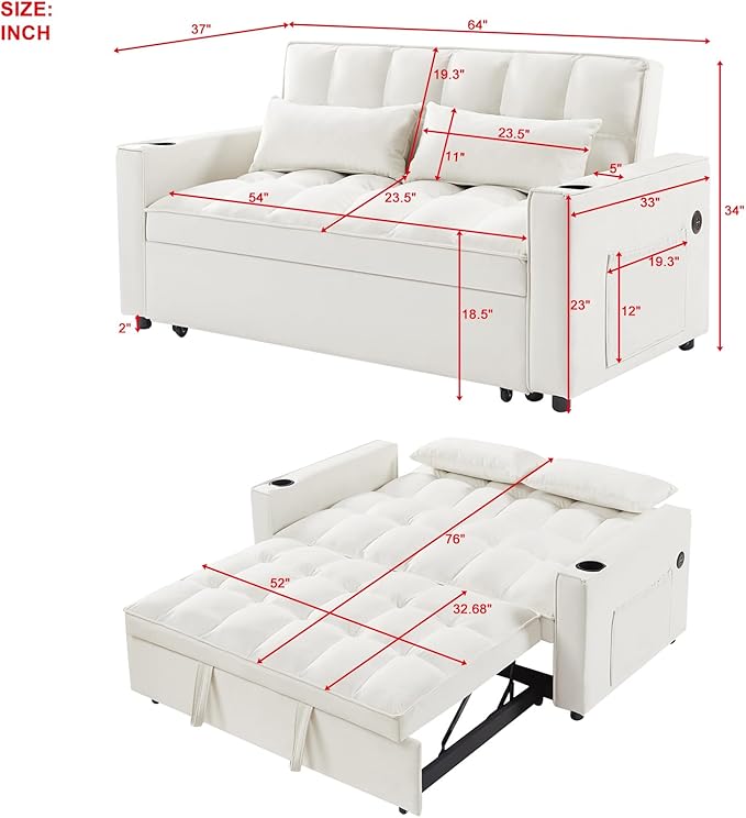 ERYE 64" W Full Size 3 in 1 Convertible Sleeper Sofabed W/Cupholders and USB Ports, Modern Velvet Upholstered Loveseat Sofa with Pull Out Sleep Couch Bed and Reclining Backrest for Home Apartment RV