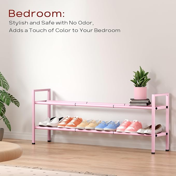 Bumusty 2-Tier Long Expandable Shoe Rack for Closet, 18"-44" Adjustable Shoe Rack for Entryway, 10-12 Pairs Large Shoe Organizer Shelf Storage, Sturdy Metal, Pink