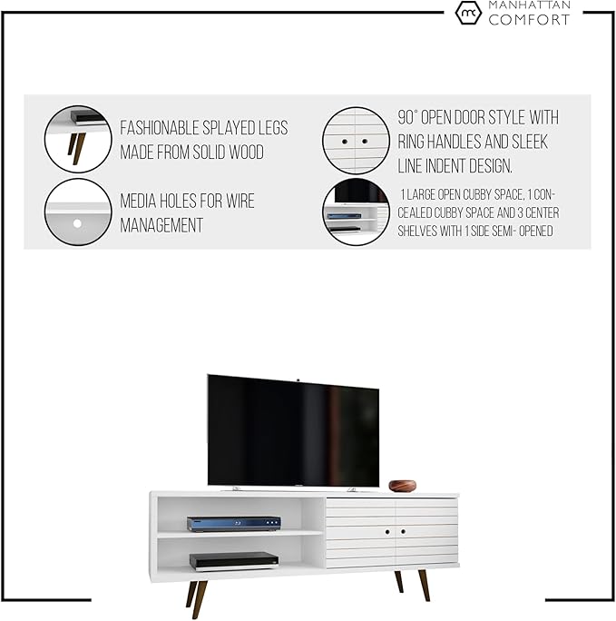 Manhattan Comfort Liberty Mid Century Modern TV Stand for Televisions up to 60 Inches, Bedroom and Living Room Entertainment Center with Storage, Shelves, and Cabinet, 63" Wide, White/Yellow