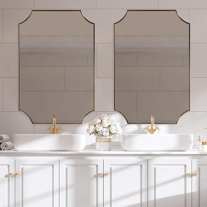 ANDY STAR Brushed Gold Rectangle Mirror, 24x36 Inch Scalloped Bathroom Mirror, Unique Rectangular Mirror with Scalloped Design, Anti-Rust Stainless Steel Frame Deep 1"