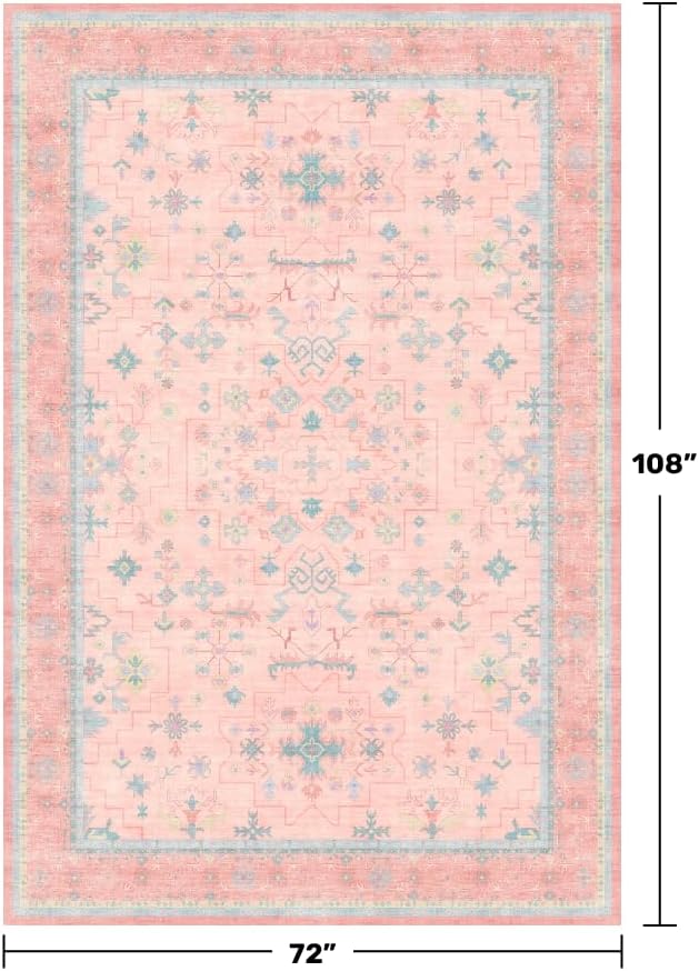 Washable Pink and Blue 6x9 Oushak Rugs for Bedroom Girls, Living Room Kids Playroom Nursery Room, Modern Floral Distressed Design, Soft Faux Wool Low Pile Non Slip Stain Resistance Carpet