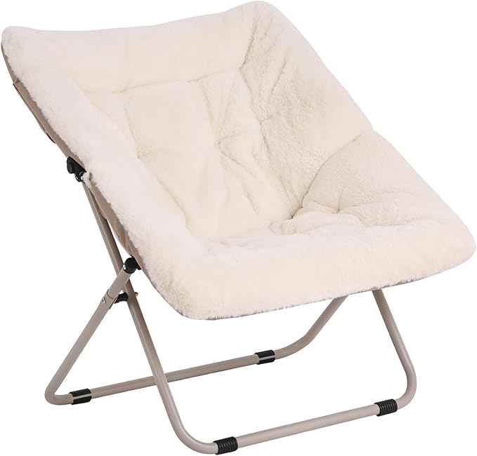 Saucer Chair, Comfy Bedroom Chairs, Oversized Folding Faux Fur Chair, Foldable Metal Frame Chair for Living Room, Balcony, Patio, Study, Playroom (Beige)