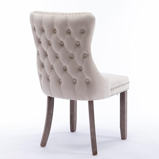 PacknWood Acosure Set of 2 Velvet Upholstered Wing-Back Dining Chair with Backstitching Nailhead Trim,Exquisite Furniture Stool W/Wood Legs,for Kitchen,Sitting Room,Beige