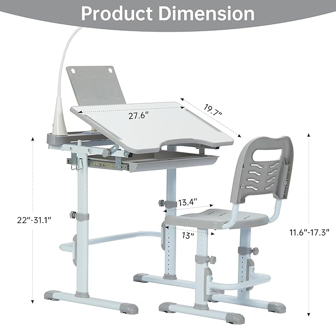 Real Relax Kids Desk and Chair Set, Children's Multifunctional School Tables with Tilt Desktop, LED Light, Metal Hook Grey