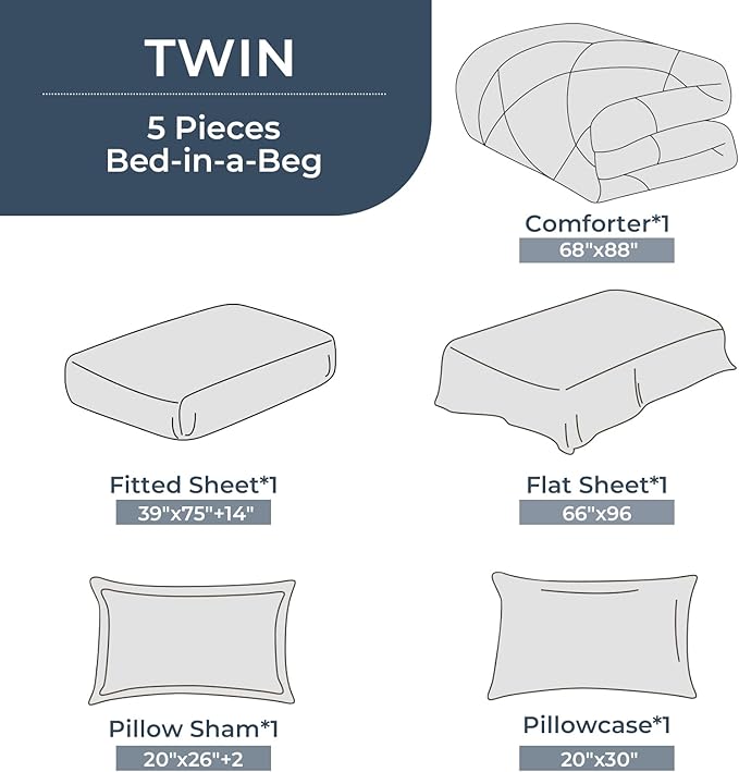 HEVUMYI Khaki Twin Comforter Set - 5-Piece All Season Bed in a Bag Twin, Ultra Soft Bedding Set with Comforter, Flat Sheet, Fitted Sheet, Pillowcases, Pillow Shams