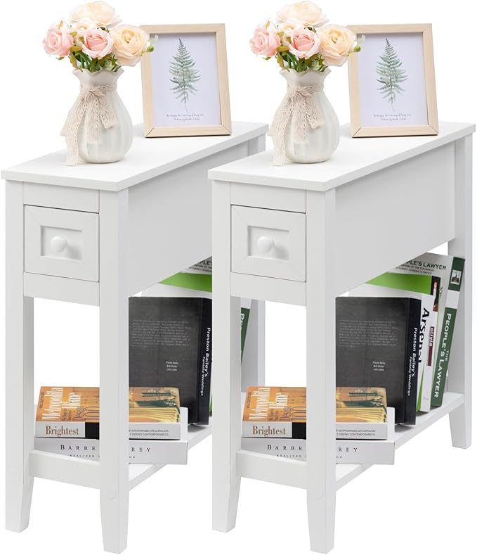 Narrow Side Table for Small Spaces, White Side Table with Drawer, Slim Bed Side Table/Night Stand Set of 2, Couch Side Table