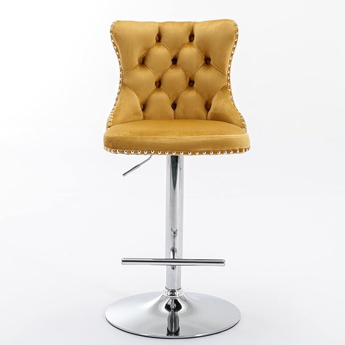 PacknWood Acosure Swivel Velvet Bar Stools Adjusatble Seat Height from 25-33" with Backs Comfortable Tufted,Modern Upholstered Chrome Base BarChairs for Home Pub Kitchen,Gold,Set of 2