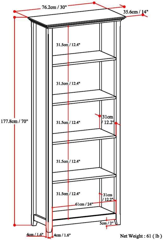 SIMPLIHOME Amherst Bookcase - 70 inch Tall 5-Shelf Solid Wood Bookshelf in Distressed Grey, Transitional Storage for Living Room, Study Room or Office with Adjustable Shelves and Tapered Legs