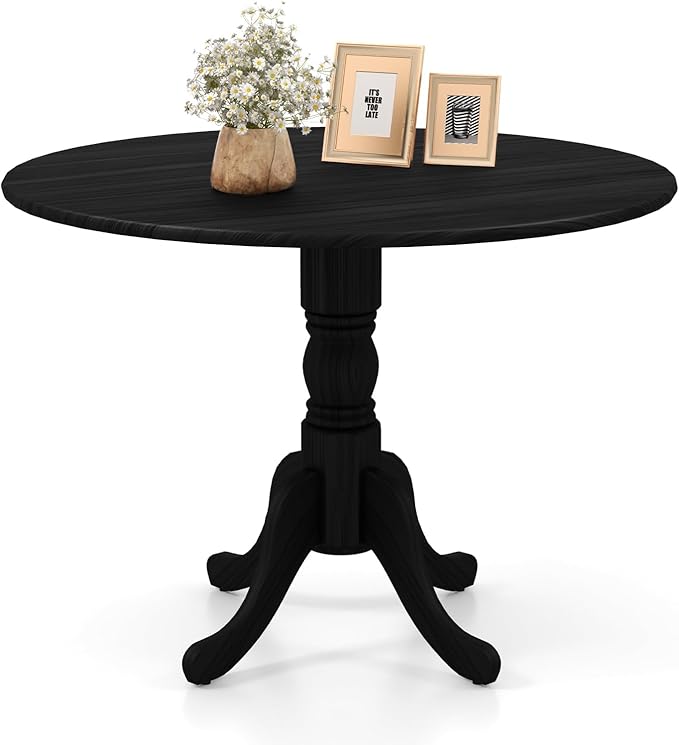 COSTWAY Round Dining Table for 4, 39 inch Kitchen Table with Solid Rubber Wood Frame, Adjustable Foot Pads, Curved Trestle Legs, Mid Century Rustic Dinning Table for Living Room, Black