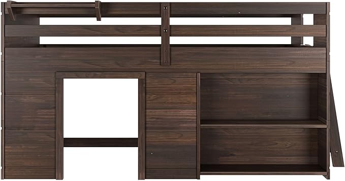 Max & Lily Modern Farmhouse Twin Low Loft Bed with Bookcase - Solid Wood, 15” Guardrails, 400-lb Capacity, Low-VOC Finish, Barnwood Brown