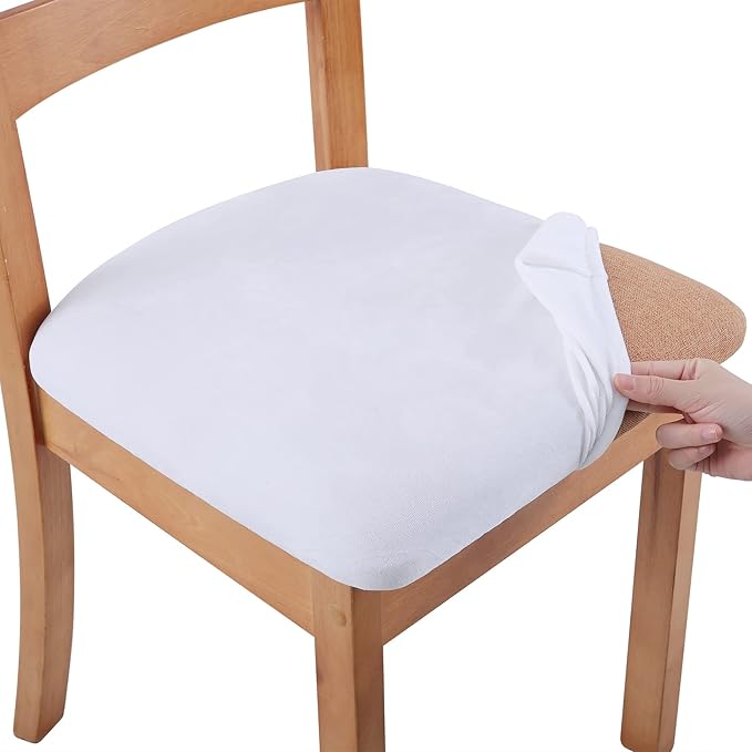 Smiry Velvet Seat Covers for Dining Room Chair Set of 4, Stretch Fit Removable Washable Chair Seat Cushion Protector Slipcovers with Ties, White