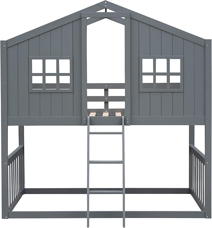 Ball & Cast Twin Over Twin Size House Bunk with Ladder and Window,Wood Bunkbed w/Full-Length Guard Rail & Ladder,Slat Support,Space Saving,Bedroom Furniture for Student Dorms,Gray