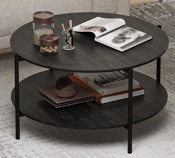 Round Coffee Table, 2-Tier 32.9" Circle Coffee Tables with Storage Wood Rustic Farmhouse Center Circular Coffee Table for Living Room Bedroom Balcony Office - Black