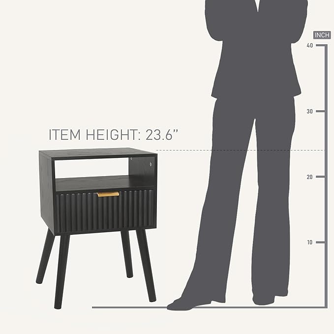 Black Nightstand, Modern Bedside Table with Fluted Drawers, Small Night Stand with Storage and Solid Wood Legs for Bedroom, Dorm and Small Space (Black)