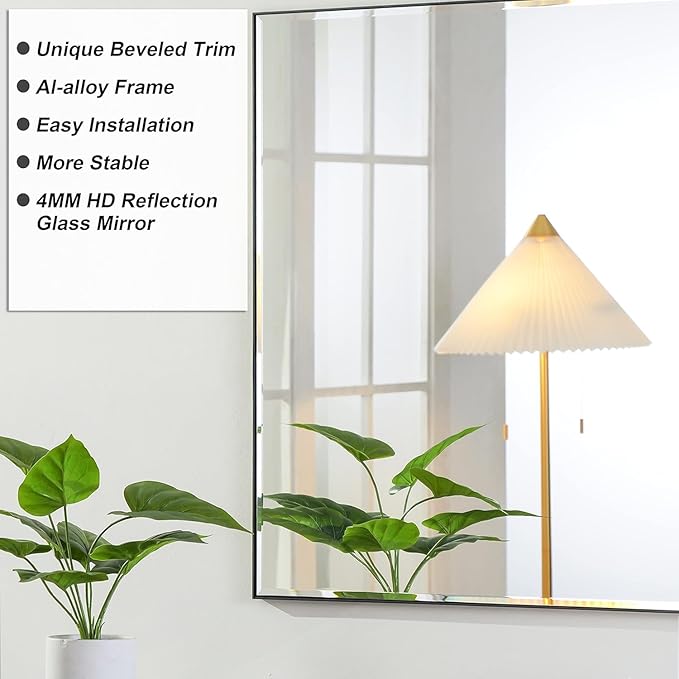 24x32 Inch Black Mirror with Beveled Trim, Aluminum Frame Bathroom Vanity Mirror, Modern Rectangular Wall Mounted Mirror