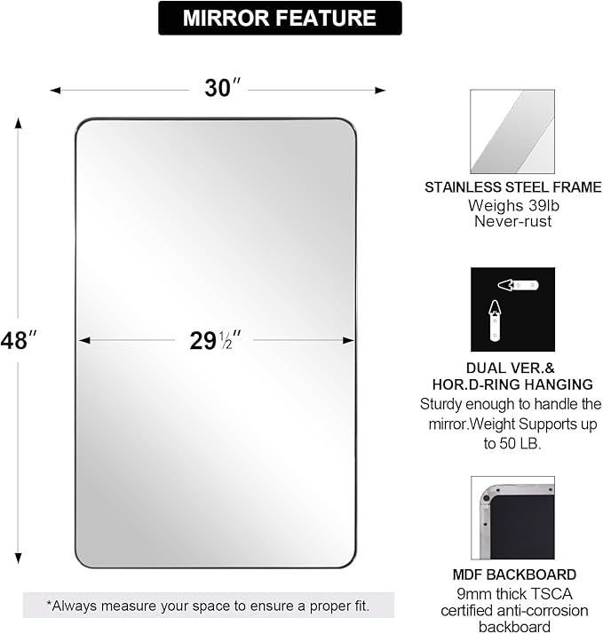 ANDY STAR 30"x48"Chrome Bathroom Mirror, Large Wall Mirror for Bathroom, Rounded Rectangle Mirror in Premium Stainless Steel Metal Frame Hangs Horizontal Or Vertical